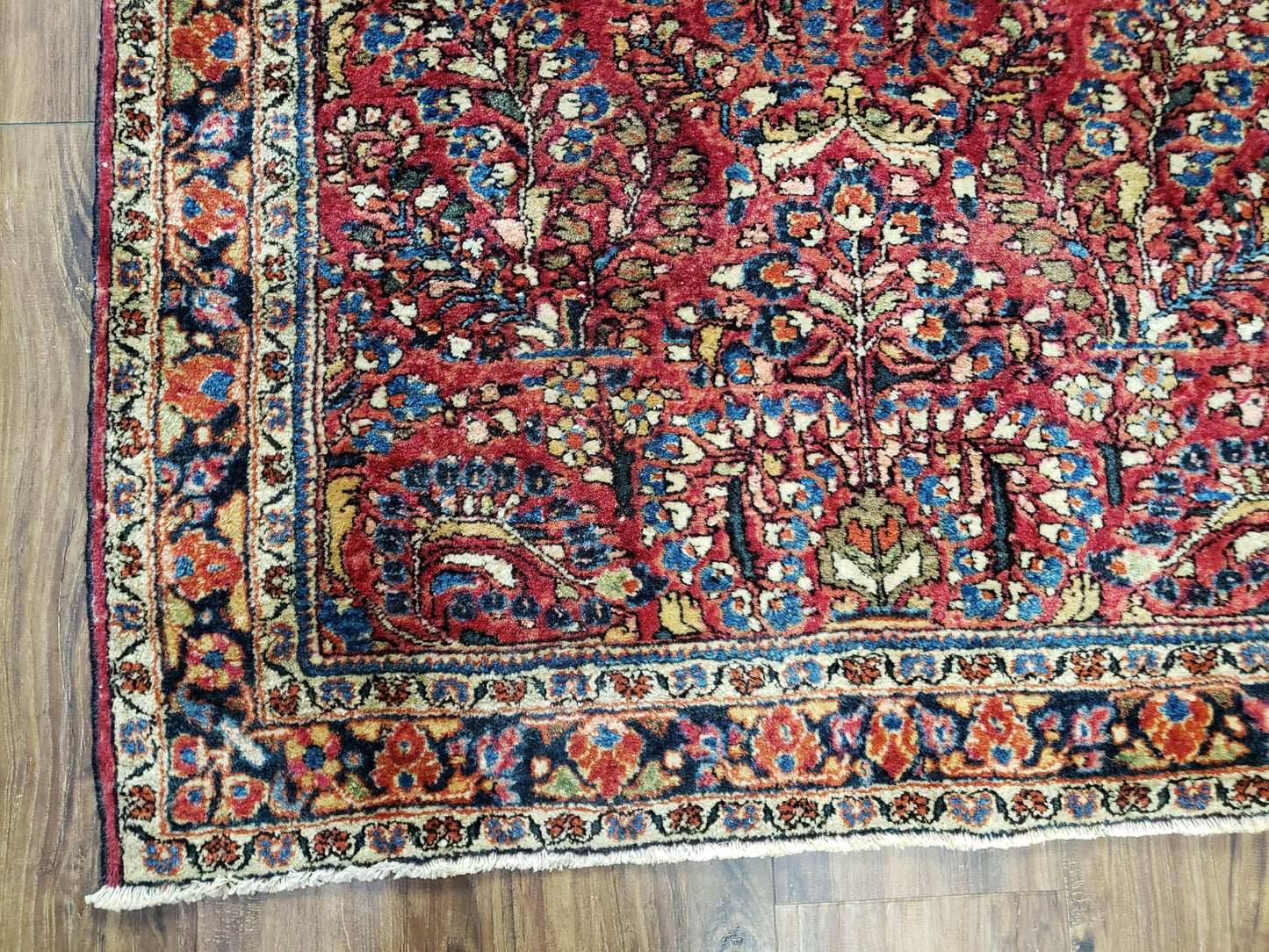 USED Antique Persian Sarouk Rug, Red, Allover Floral Pattern, Hand-Knotted, Wool, 3'4" x 4'10"