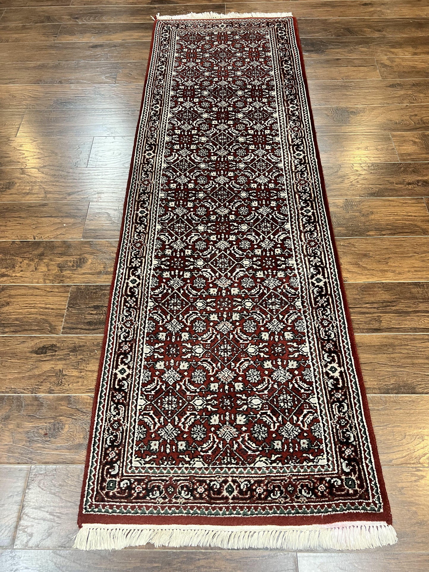 USED Indo Persian Runner Rug 2.7 x 8, Wool Hand Knotted Vintage Carpet, Red Black, Herati Allover Pattern, Oriental Runner, Rug for Hallway