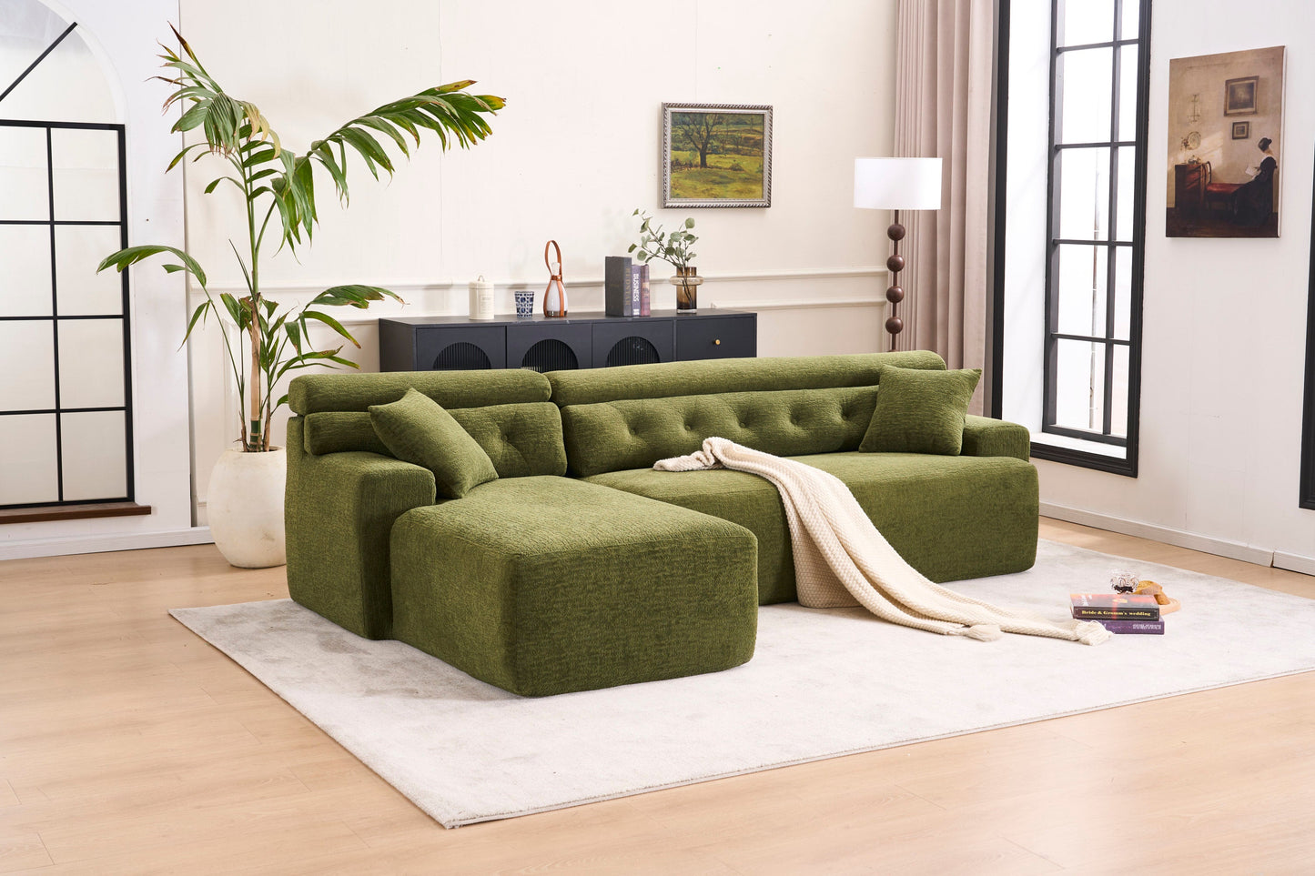 NEW 105' Modula Compression Sponge L-Shaped, Chesterfield-Inspired Design, No-Assembly Chenille Couch, 30D High-Density for Living Room, Bedroom, Apartment.Green.