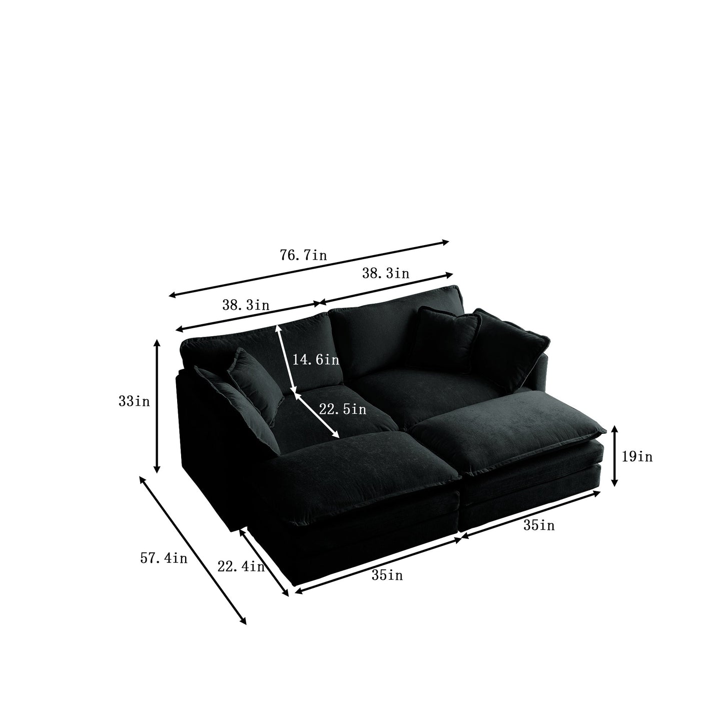 NEW 4 Piece Upholstered Sectional Sofa, 1 - Piece of 2 Seater Sofa and 2- Piece of Ottomans , 2 Seater Loveseat Lounge with Ottomans , Black Chenille