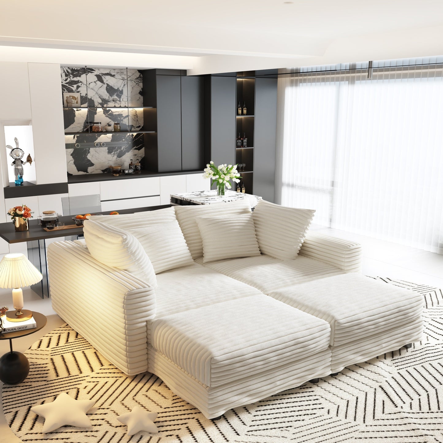 NEW 104.3' Modern 4-Seat  Beige Comfy Upholstered Plush Corduroy Sofa