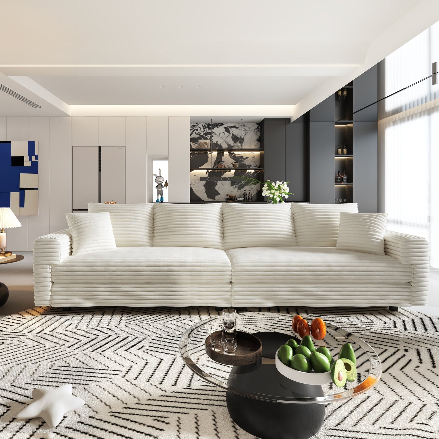 NEW 102.4' Plush Corduroy 4-Seat Beige Modern Comfy Upholstered Sofa Cloud Deep Seat Couch