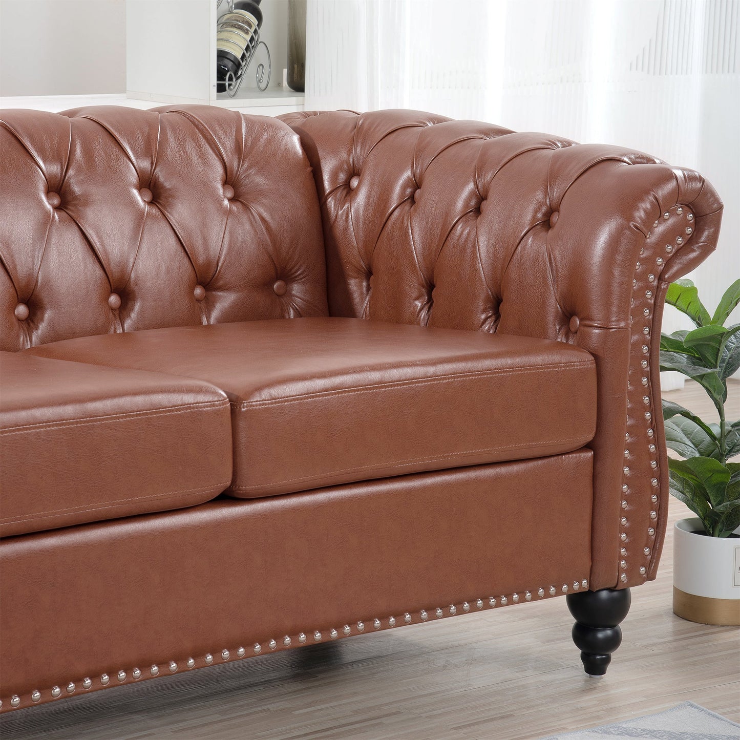NEW Classic Chesterfield Three Seater Sofa Brown PU Leather with Rolled Arms and Birch Legs 84.65 Inches