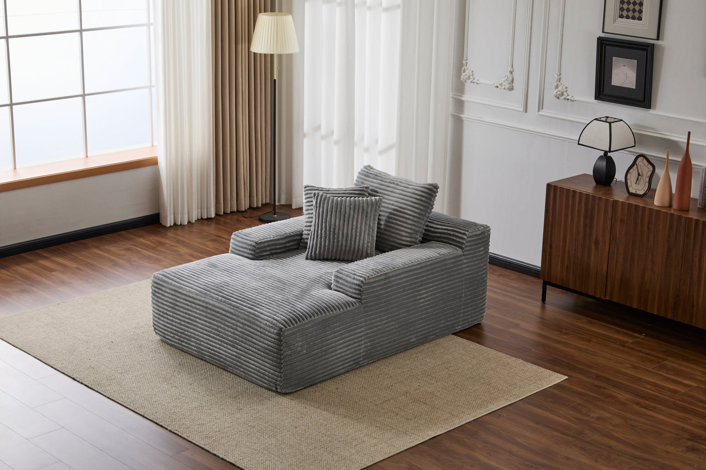 NEW Grey Oversized Chaise Lounge Chair Cozy Cloud Couch Modern Plush Corduroy Upholstered Sleeper Sofa Daybed with 3 Throw Pillows and Wide Armrest