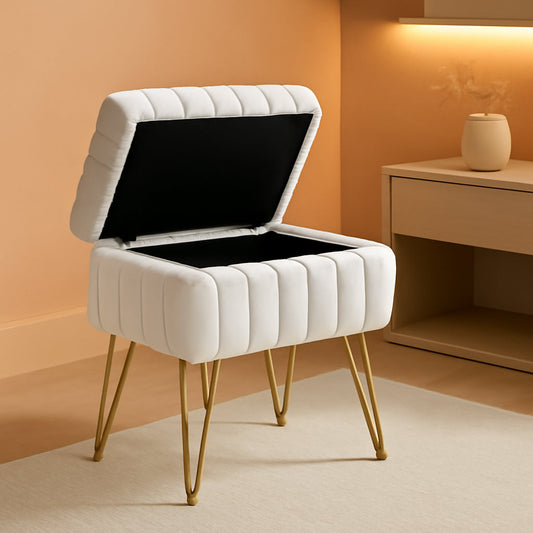NEW White Faux-Fur Vanity Stool With Premium-Grade Stowable-Storage