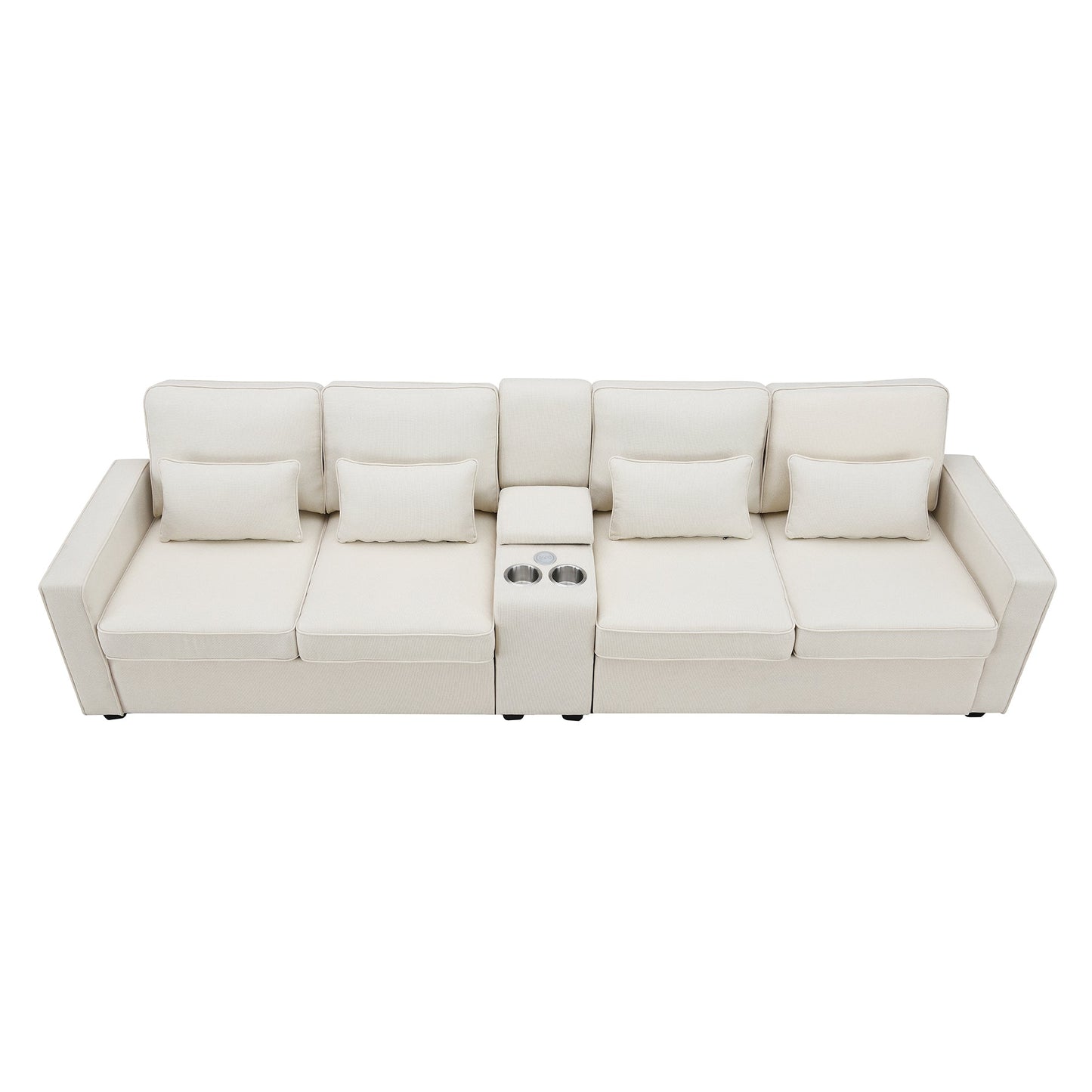 NEW Modern Linen Fabric Upholstered Sofa Couch with Console 2 Cupholders 2 USB Ports Wired or Wirelessly Charged 4 Pillows