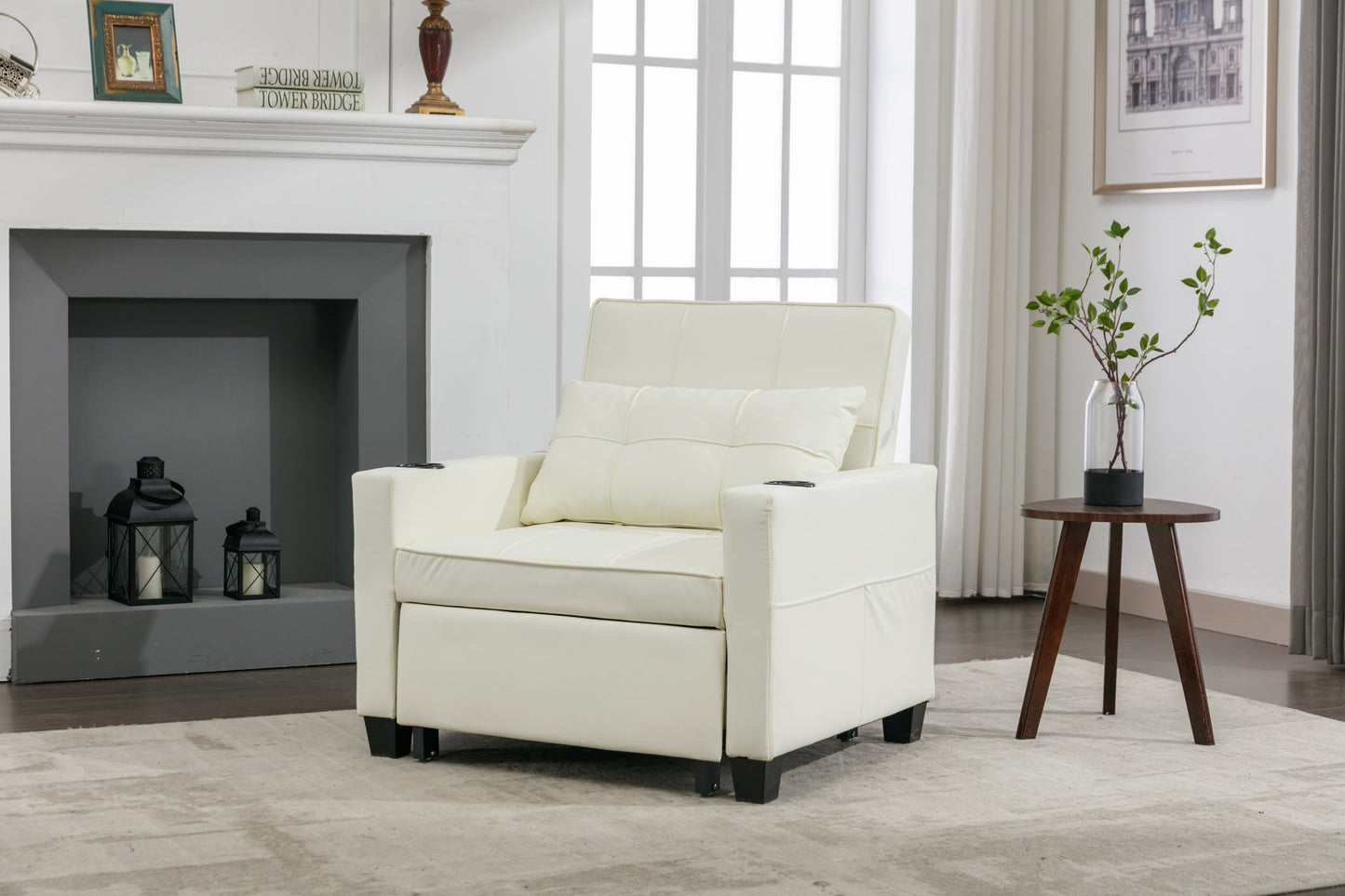 NEW Futon Chair Bed Convertible Chair 3-in-1 Pull Out Sleeper Chair Beds with USB Ports,Wear-resistant and Anti-scratch,  Armchair Bed Sleeper for Living Room (White Leather)