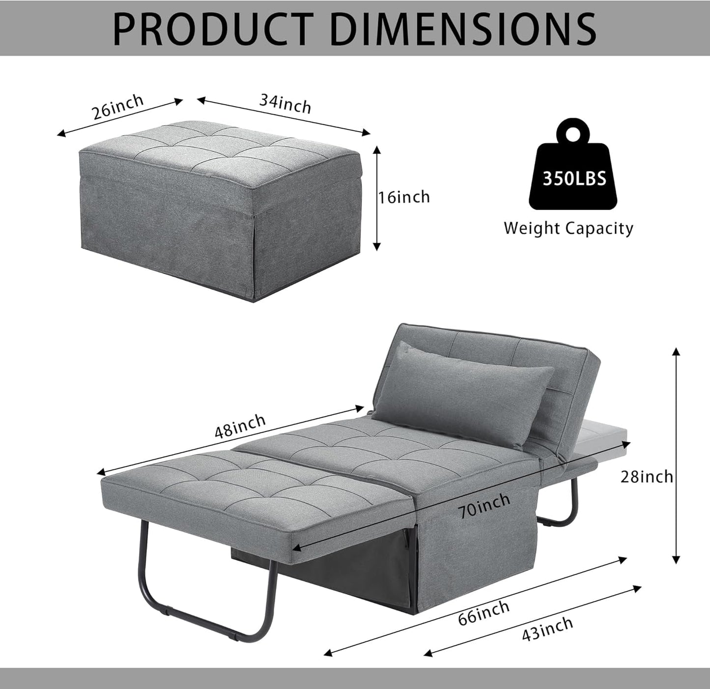 NEW Light Grey Contemporary Convertible Sofa Bed Ottoman