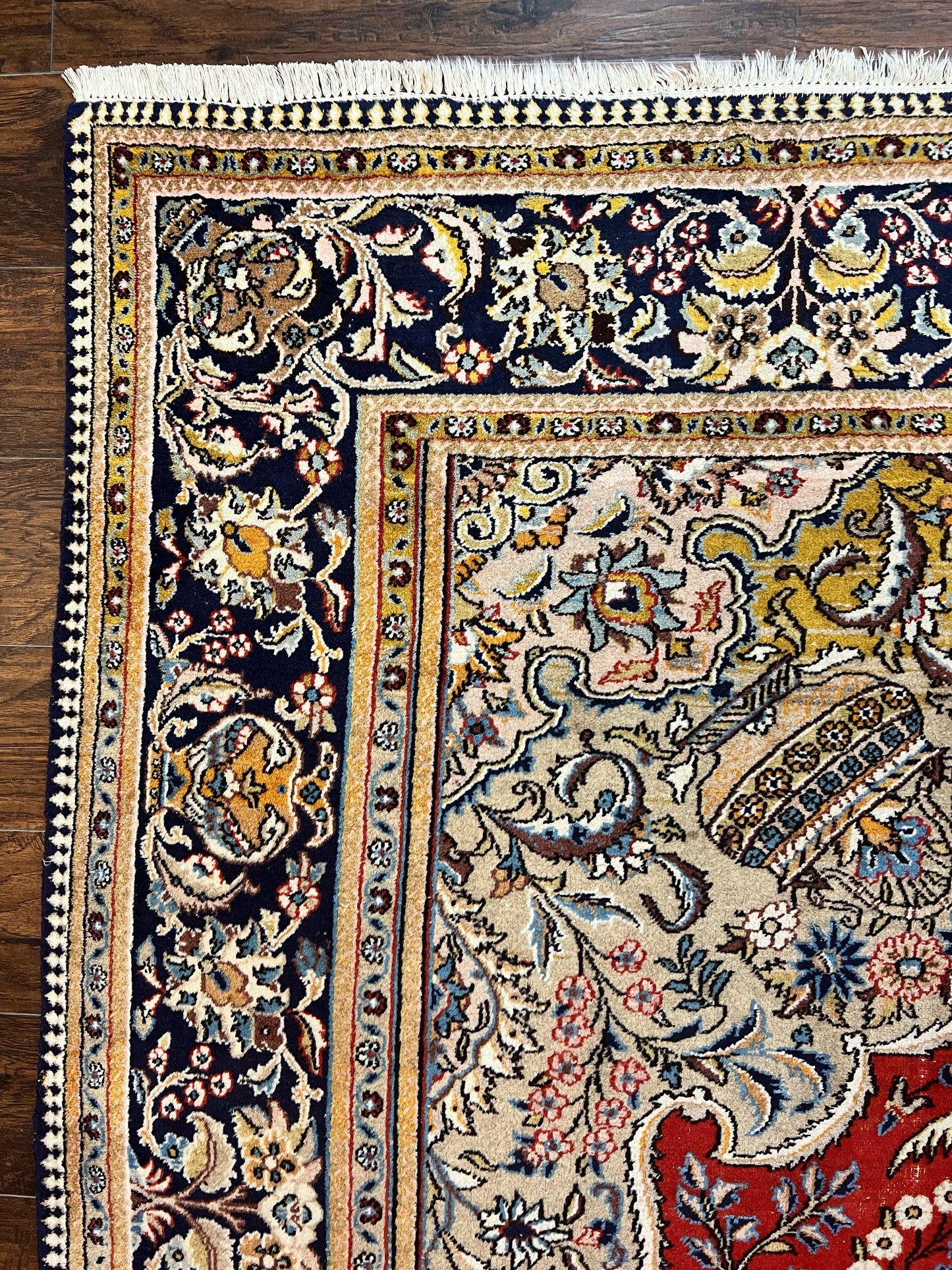 USED Wonderful Persian Qum Rug 10x14, Wool w/ Silk Highlights, Hand Knotted Semi Antique Vintage Carpet, Red, Floral, Fine Weave, Birds Deer Pictorials