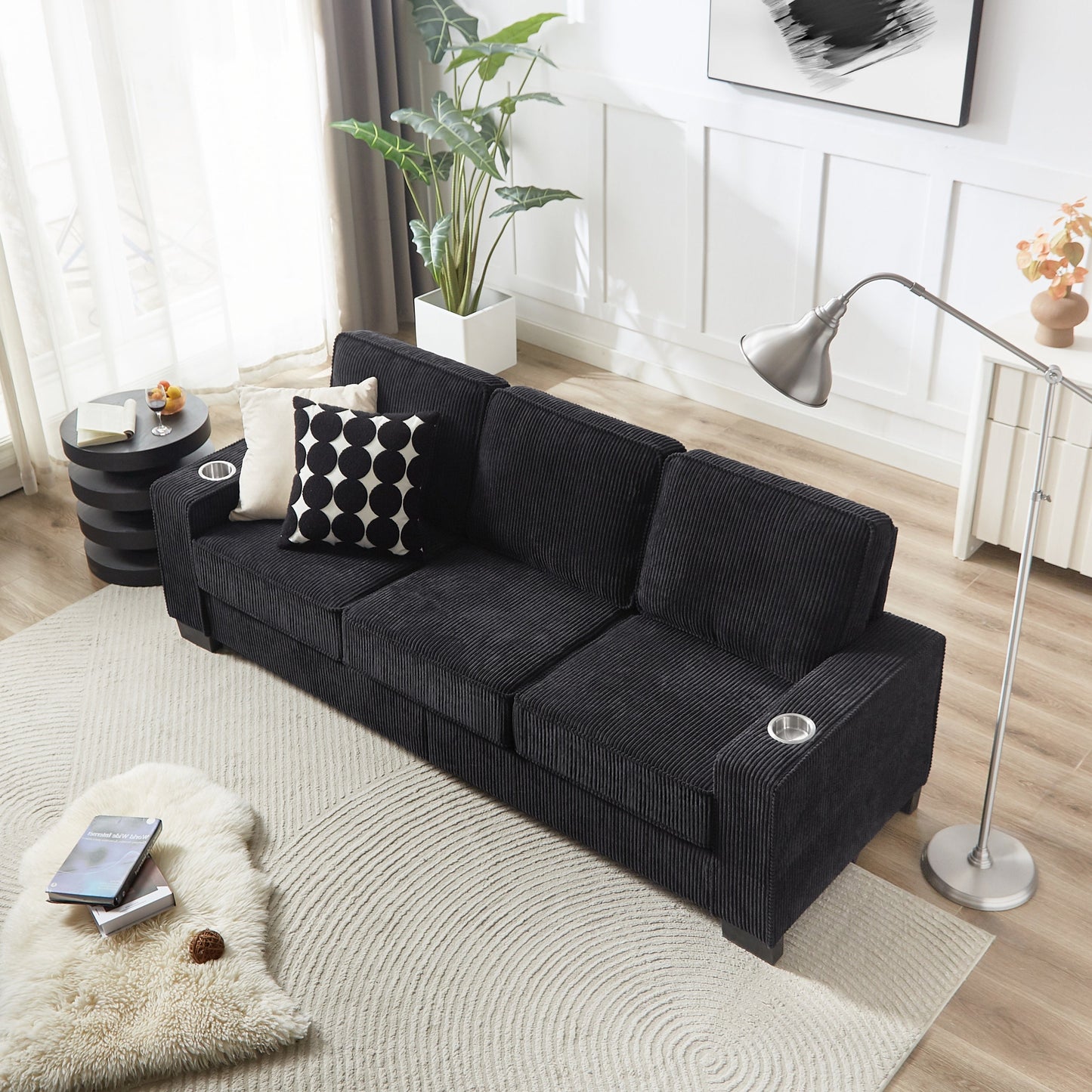 New Modern Corduroy Fabric Sofa, 3-Seater Compressed Couch