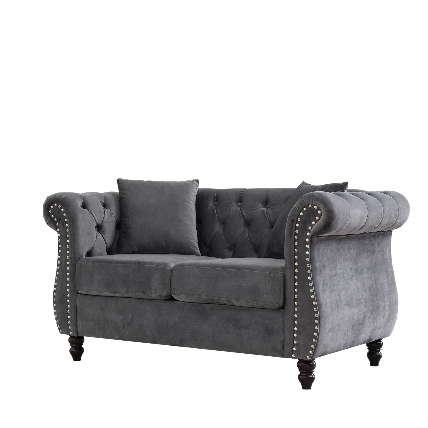 NEW 58.8' Chesterfield Sofa Grey Velvet for Living Room, 2 Seater Sofa Tufted Couch with Rolled Arms and Nailhead for Living Room, Bedroom, Office, Apartment, two pillowsW834S00069