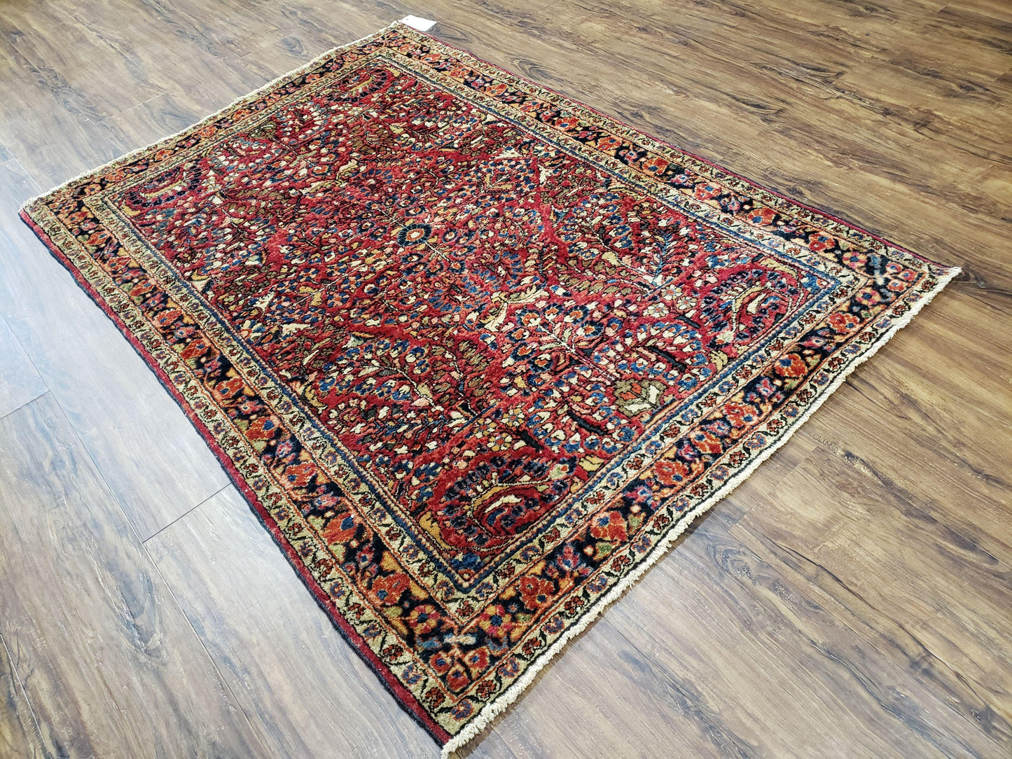 USED Antique Persian Sarouk Rug, Red, Allover Floral Pattern, Hand-Knotted, Wool, 3'4" x 4'10"