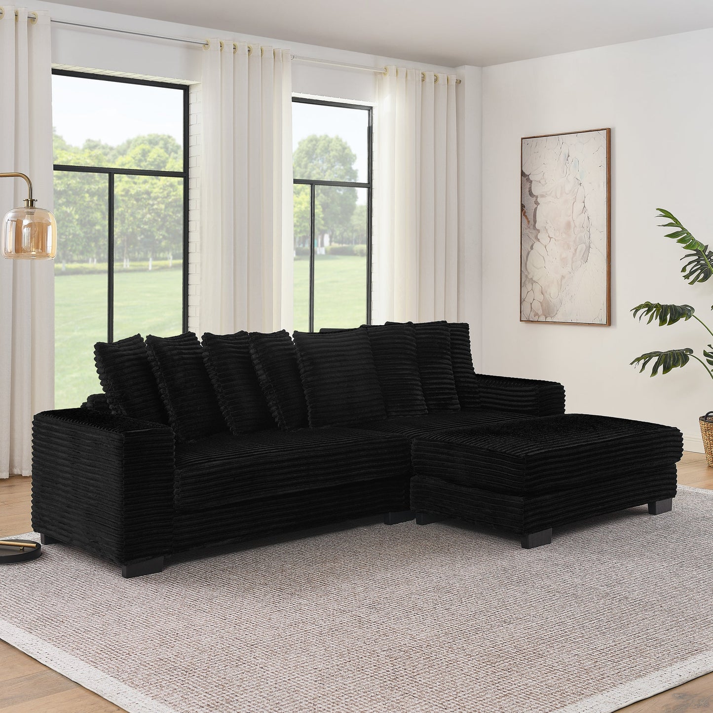 NEW Black Corduroy Tufted Upholstered L-Shaped Modular Convertible Sleeper Sectional Sofa Couch