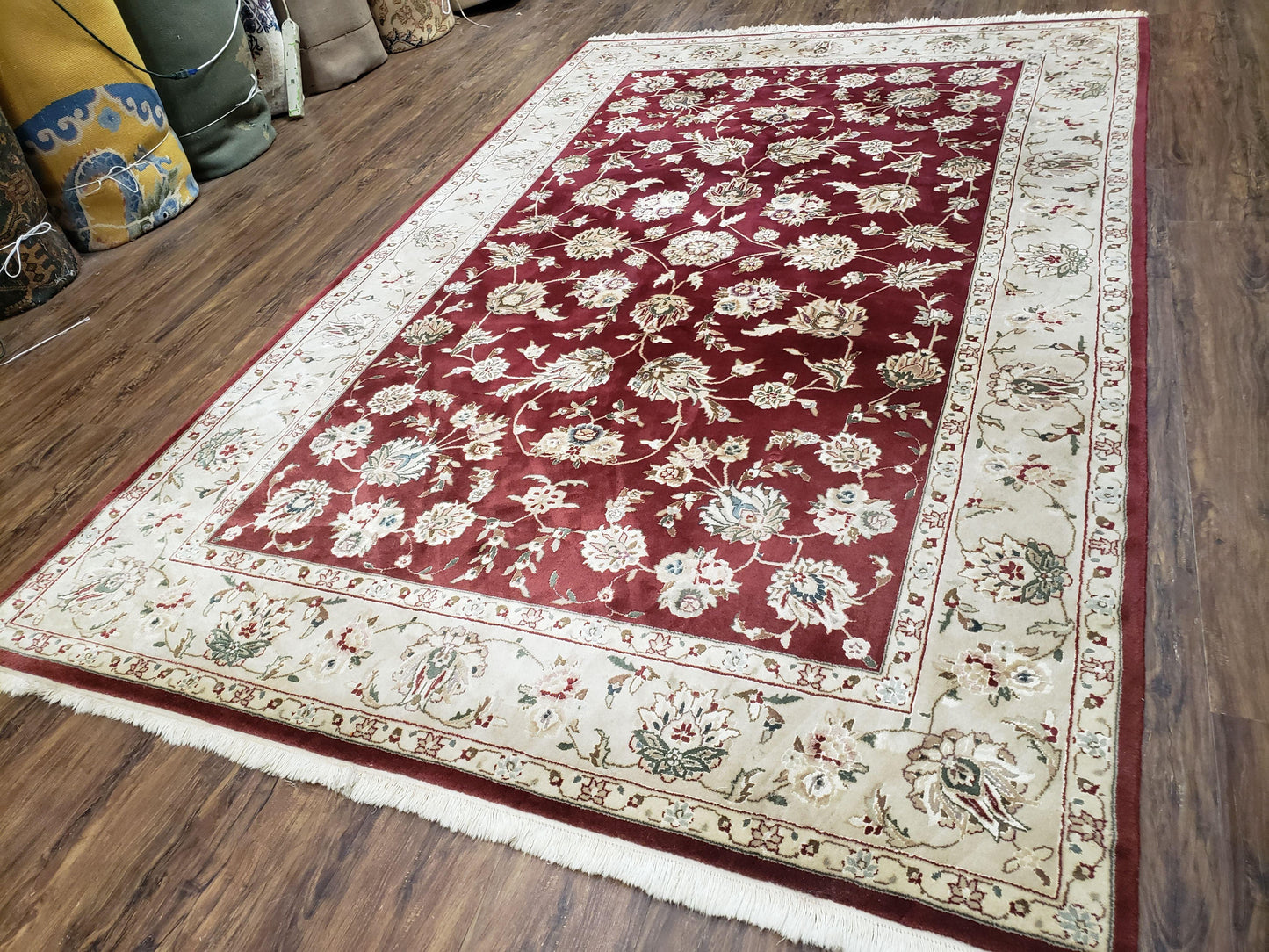 USED Vintage Traditional Oriental Area Rug, Hand-Knotted, Wool & Silk Accents, Maroon Red and Beige, 6x9 Carpet, 5' 9" x 9'