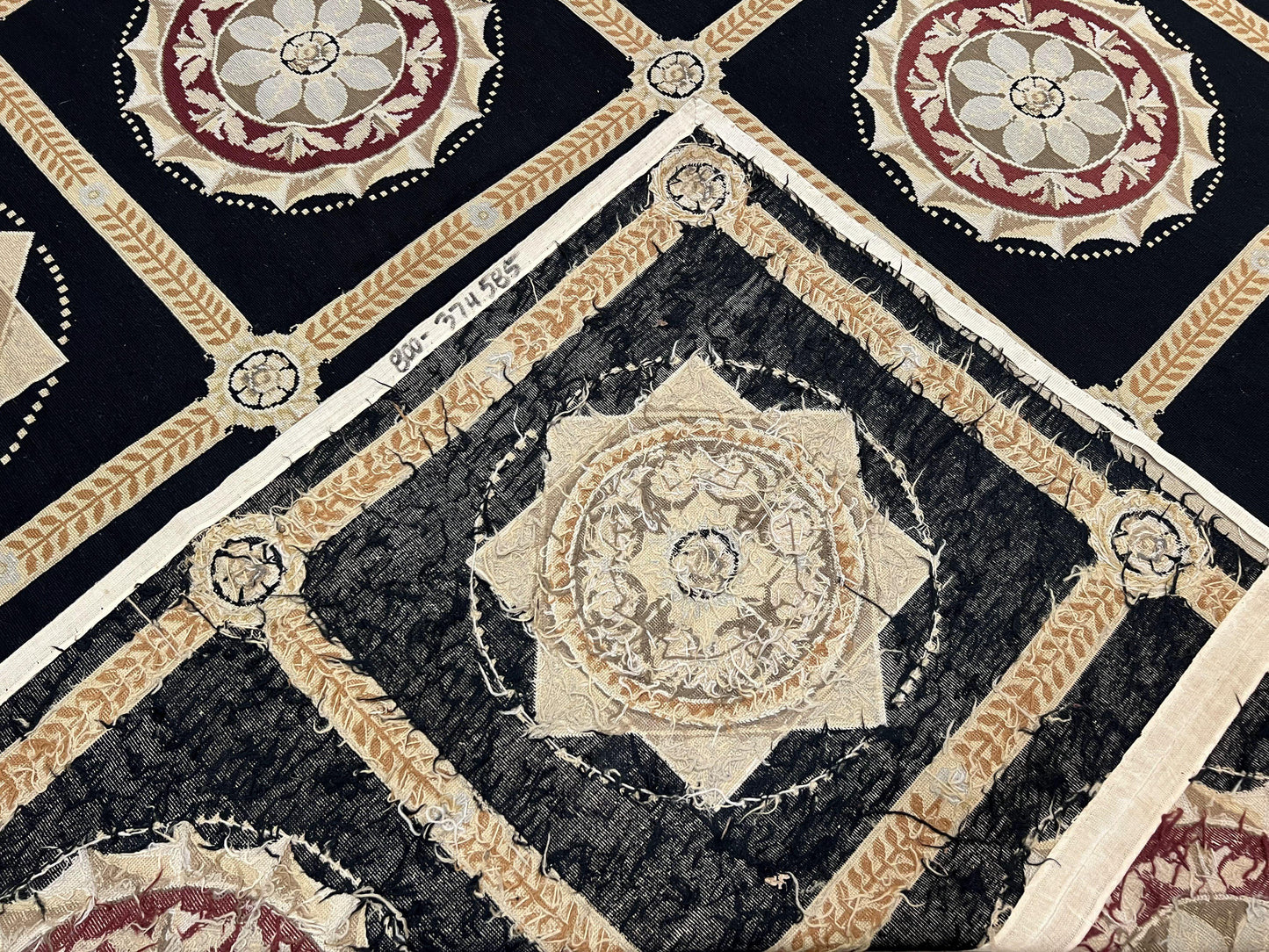 USED Large Needlepoint Rug 10x13, Panel Design, Black and Beige, Wool Needlepoint Carpet 10 x 13, English Garden, Handwoven Area Rug, Living Room