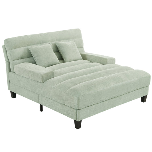NEW Modern Chaise Lounge Sofa Bed with Adjustable Backrest and LED Light Strip, Green Chenille Upholstered, 57.1 Inches
