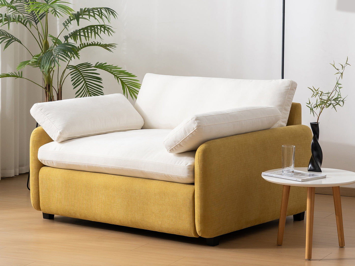 NEW Modern Oversized Chenille Armchair with Color Blocking and Pillows, 50*43' in Cream and Yellow