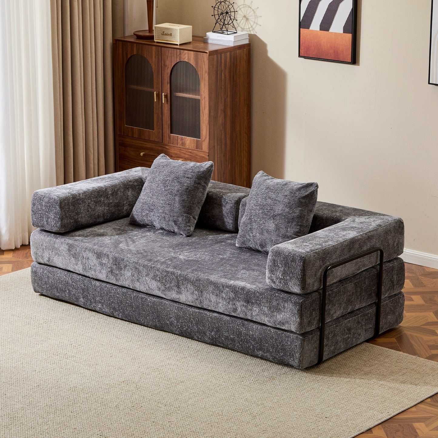 NEW Floor Couch,Compression Sofa,Convertible Floor Sofa Bed-with Pillow Back Support Armrest,Comfy Futon Couch Lounge Sleeper Bed,Chenile fabric,for Living Room Bedroom (DARK-GREY)