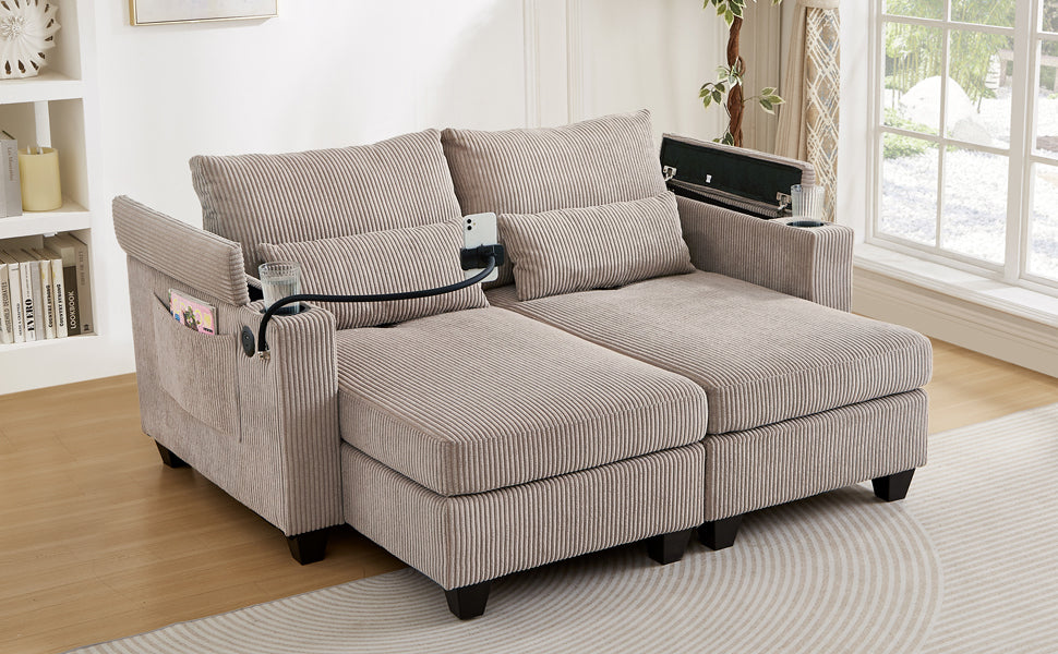 NEW Convertible Chaise Lounge 63' Loveseat Sofa Bed with USB Ports, Cup Holders, Phone Holder, Storage, Brown Corduroy