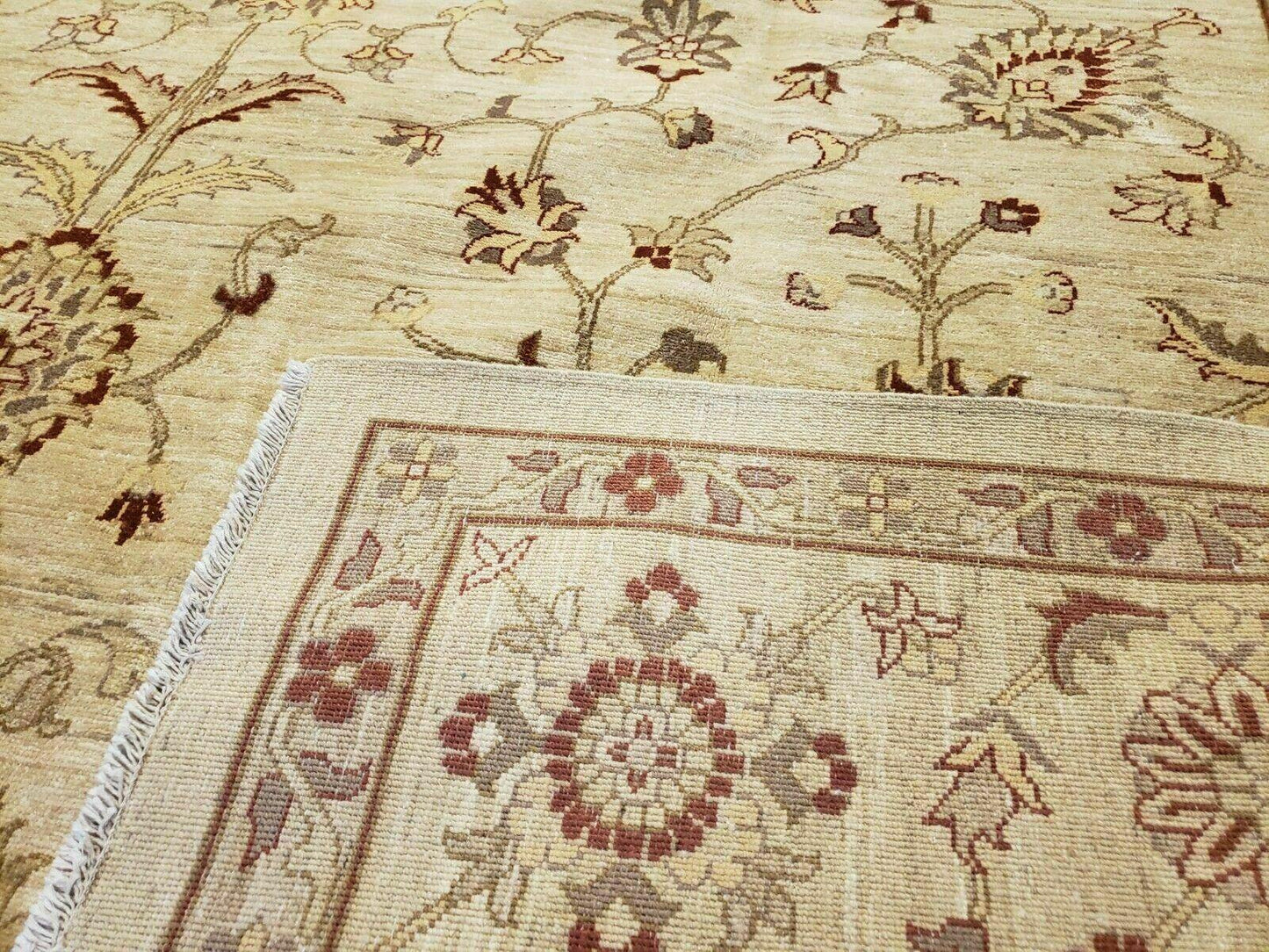 USED Oushak Rug 10x14 Neutral Colors Handmade Peshawar Wool Carpet Oatmeal Beige