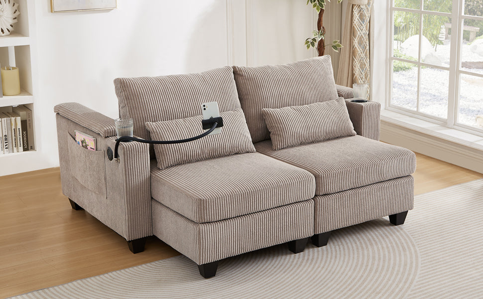 NEW Convertible Chaise Lounge 63' Loveseat Sofa Bed with USB Ports, Cup Holders, Phone Holder, Storage, Brown Corduroy