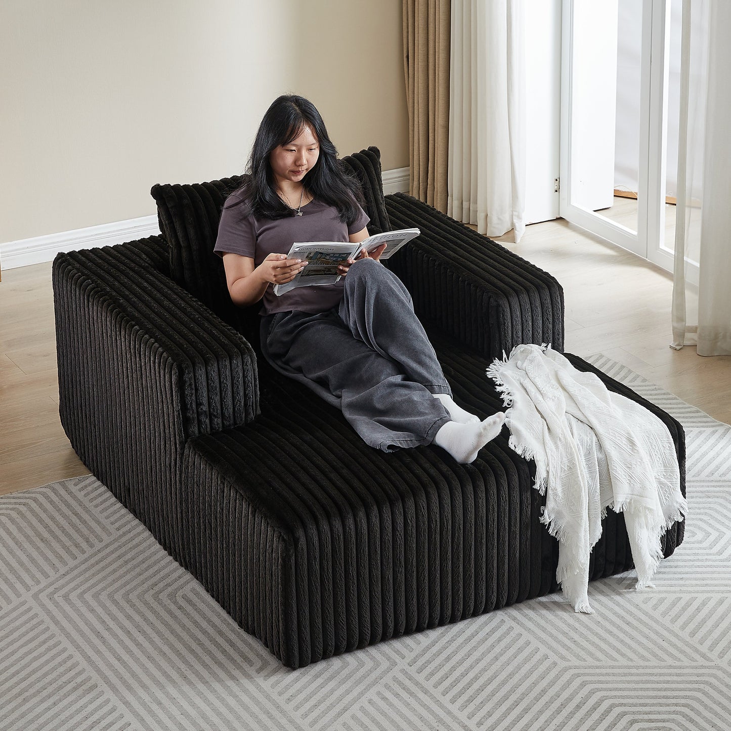 NEW 62.5-Inch Corduroy Sponge Sofa Couch Lounge Fluffy Modern Sleeper Chair