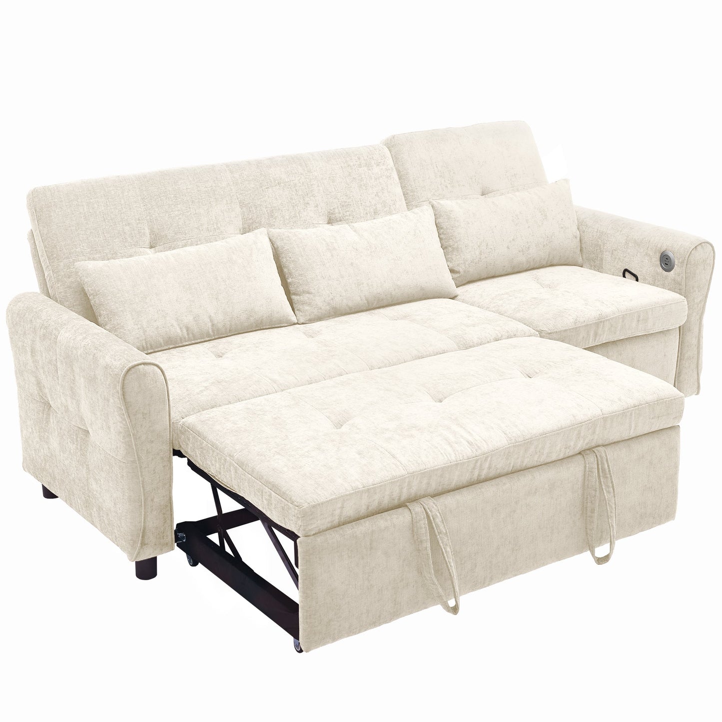 NEW Beige 82' Chenille Upholstered Two-in-One  Three-Seat Sofa with Pull-out Bed