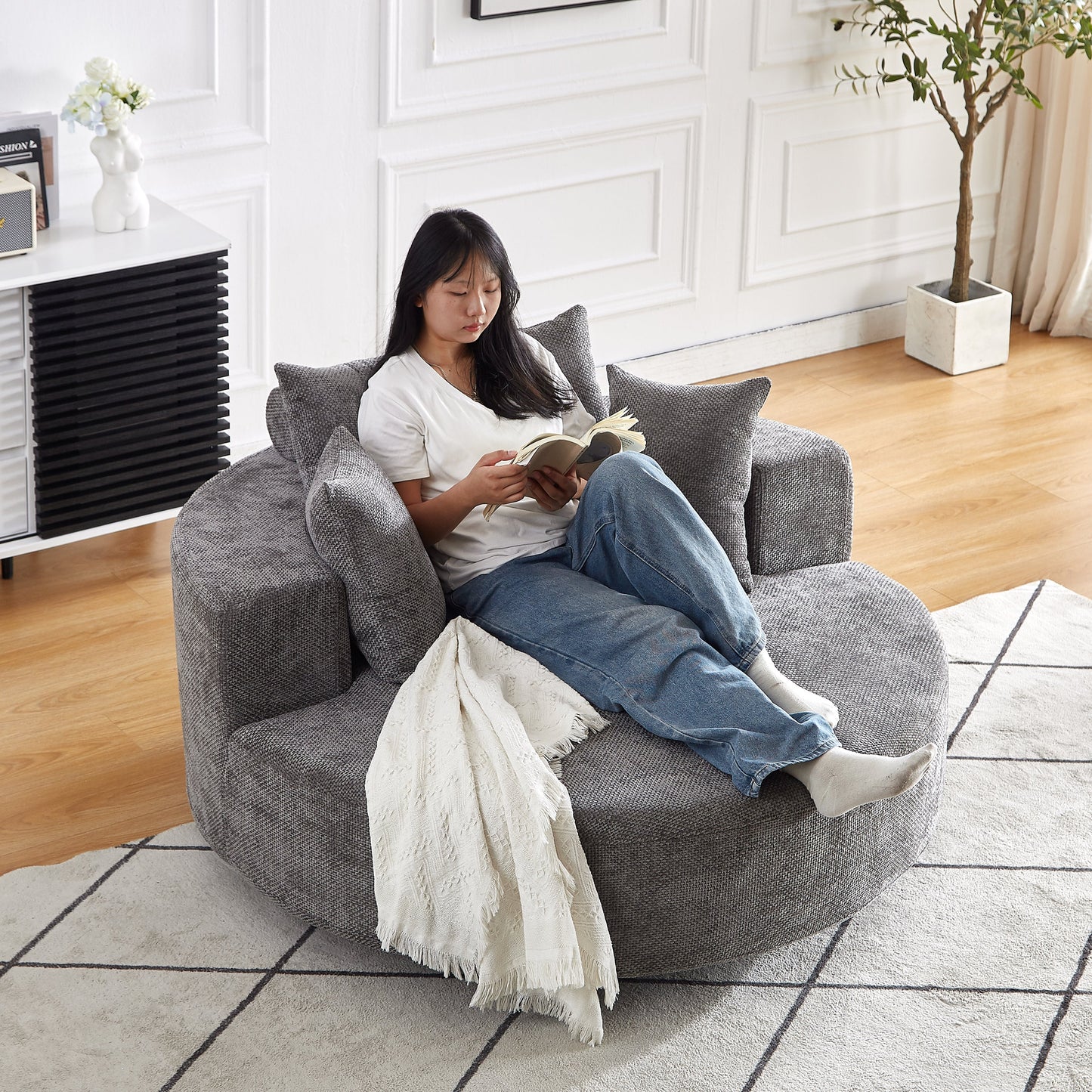 NEW 55''L Chenille Foam Single Swivel Fluffy Modern Sleeper 360 Degree Swivel Chair