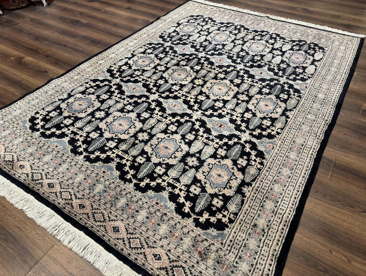 USED Turkoman Bokhara Rug 6x9, Pakistani Carpet, Black, Hand Knotted