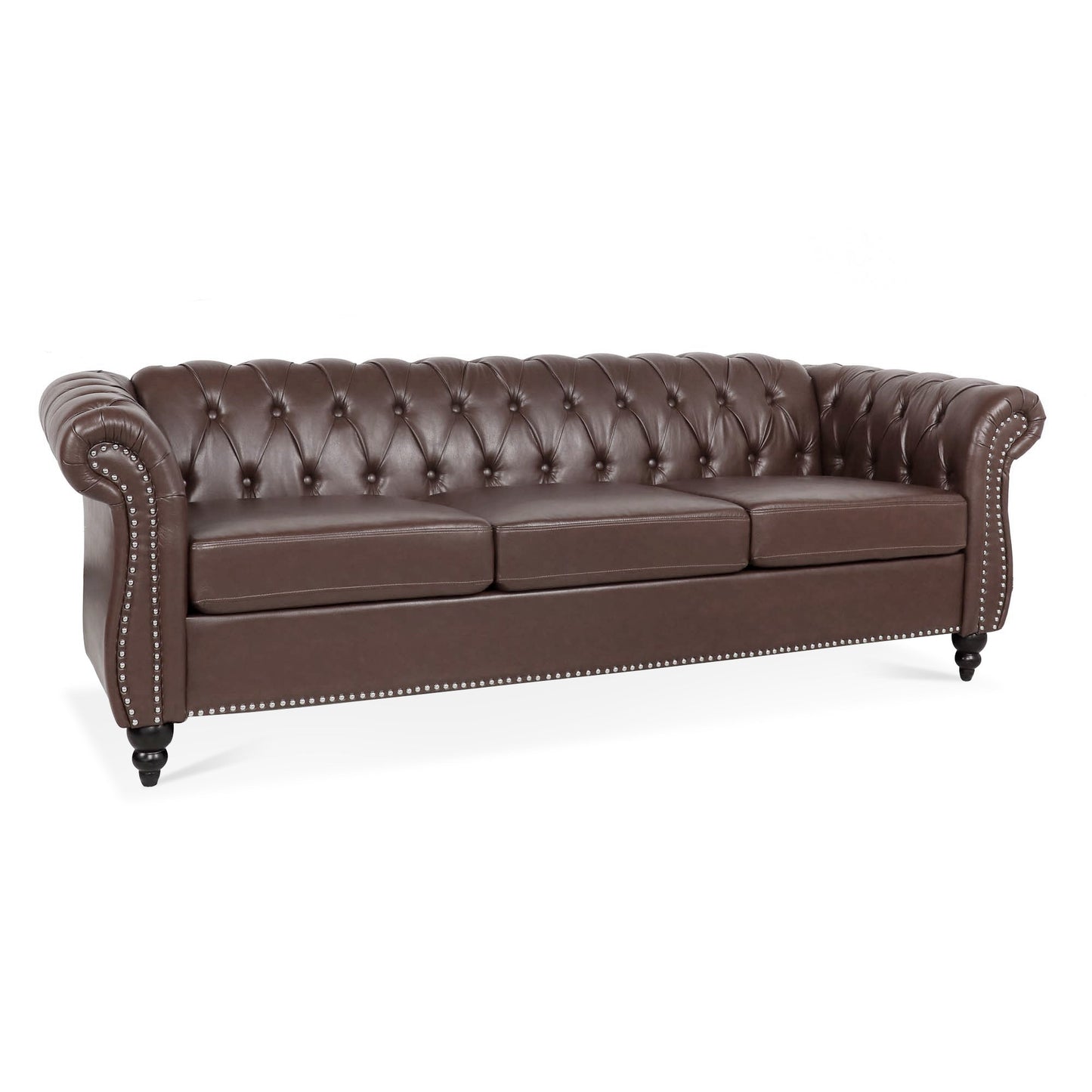 NEW Dark Brown PU Rolled Arm Chesterfield Three Seater Sofa