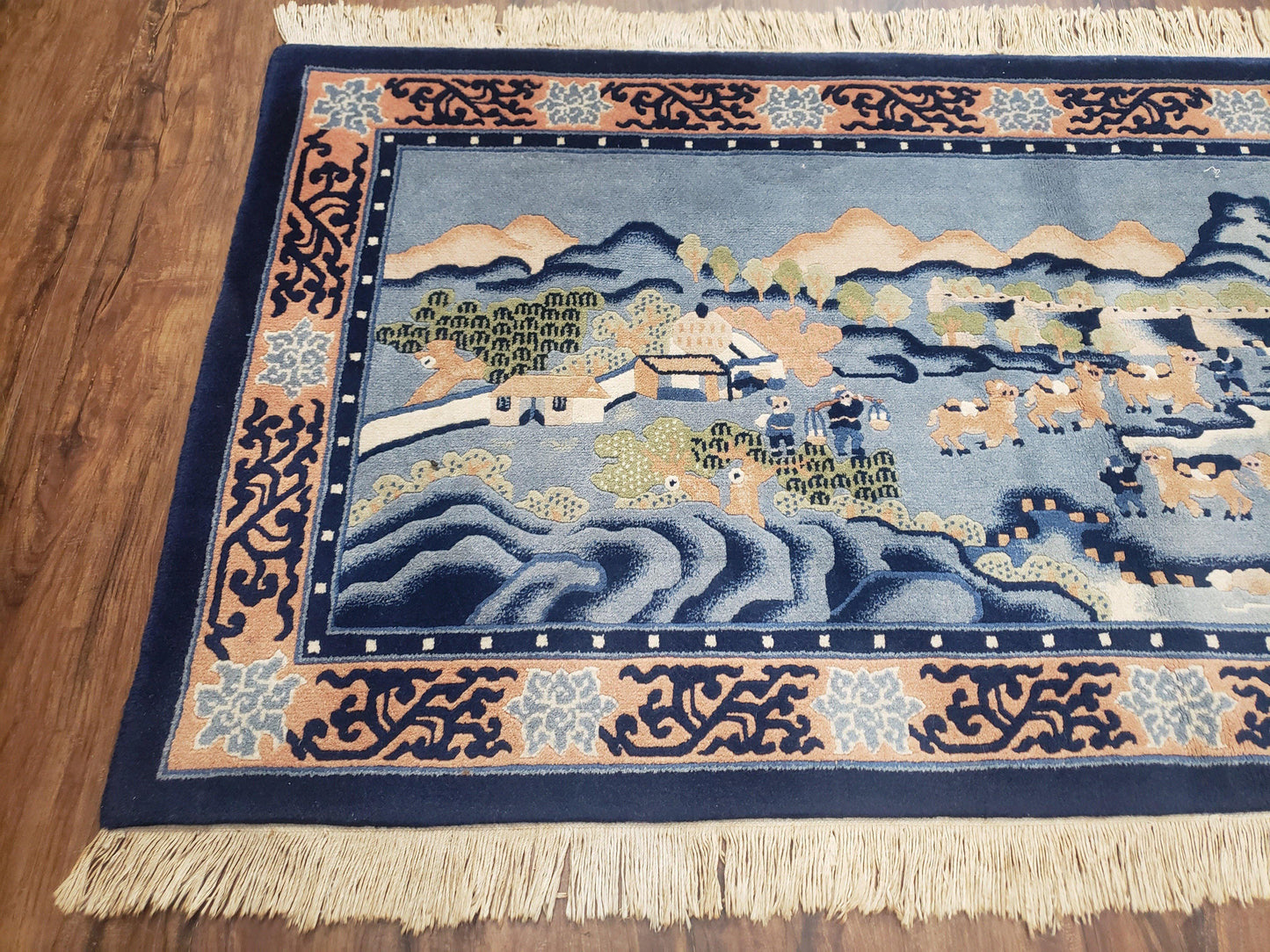 USED Vintage Chinese Pictorial Rug 2'4" x 4' 7", Chinese Village, Wool Hand-Knotted Blue & Teal Fine Carpet, Tapestry Rug, Woven Wall Art