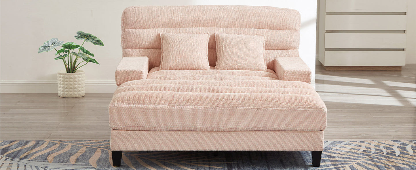 NEW Modern Pink Chenille Upholstered 57.1’ Chaise Lounge Sofa Bed with Adjustable Backrest and LED Light Strip