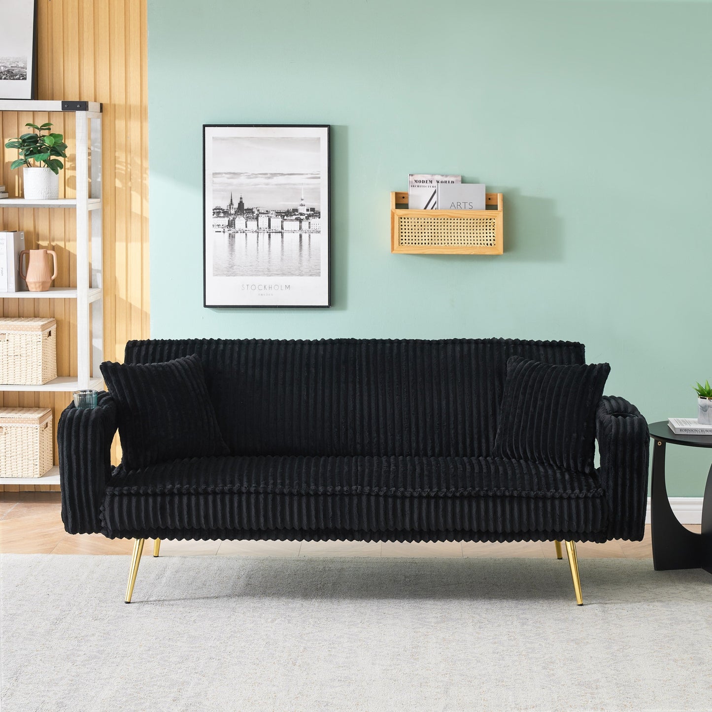 NEW 74.01 inch Straight Black Corduroy Sofa Bed Couch with Pillows