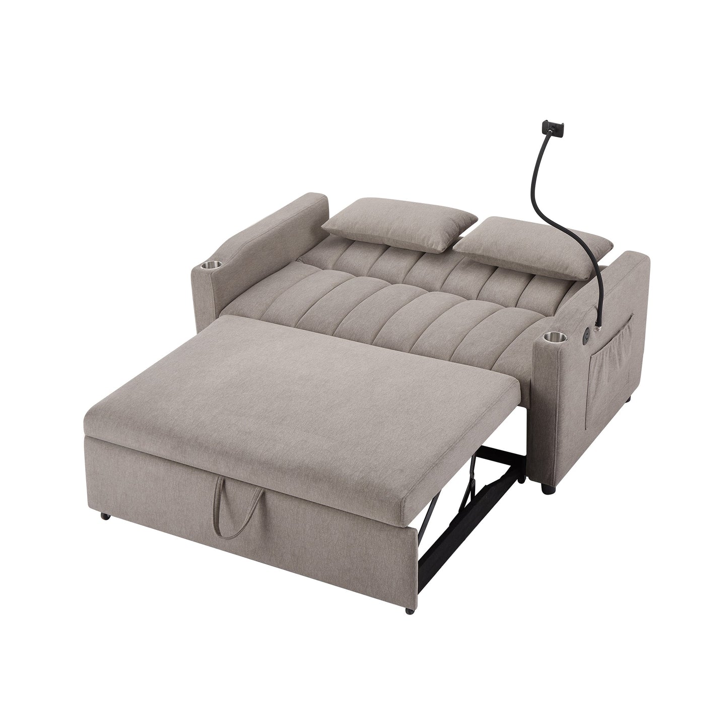 NEW Convertible Sofa Bed Loveseat with USB Ports, Side Pockets, Cup Holders & Swivel Phone Holder, Light Grey Bella Fabric