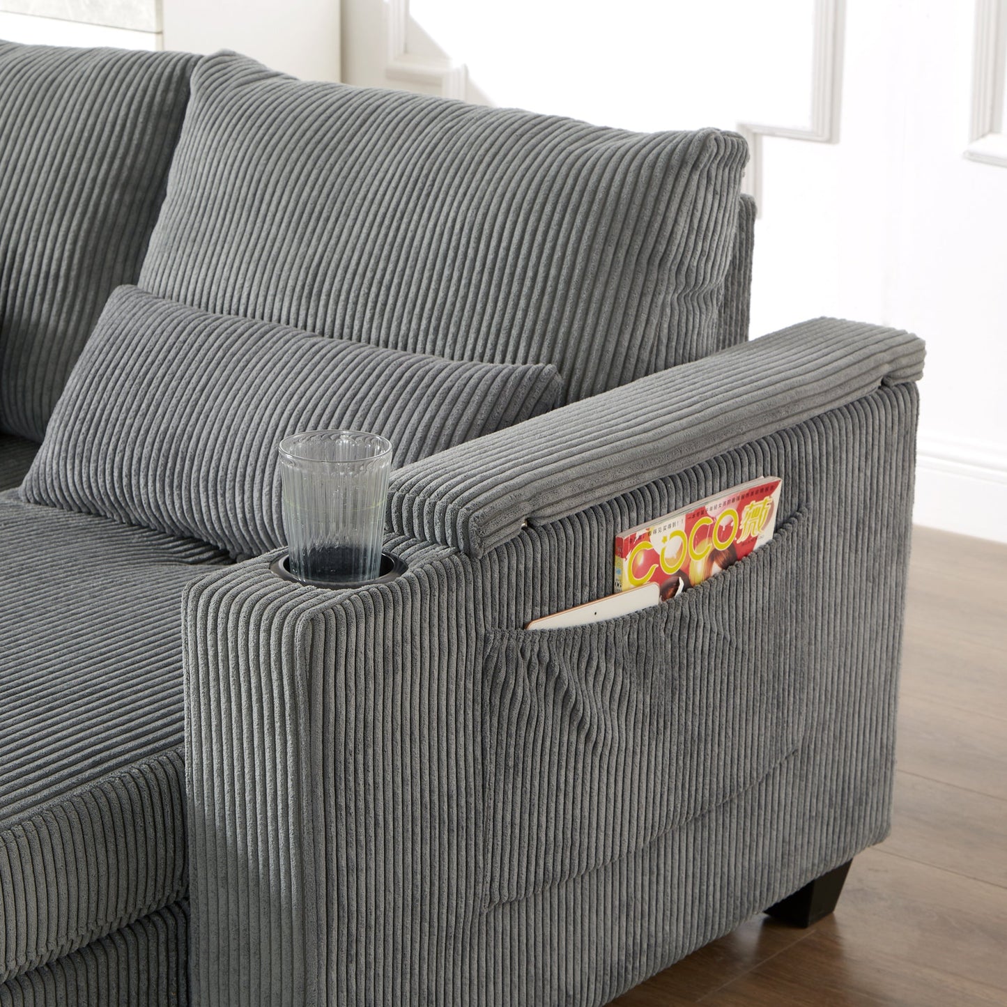 NEW Convertible Chaise Lounge Sofa Chair Corduroy Sleeper with USB Ports Cup Holders and Storage