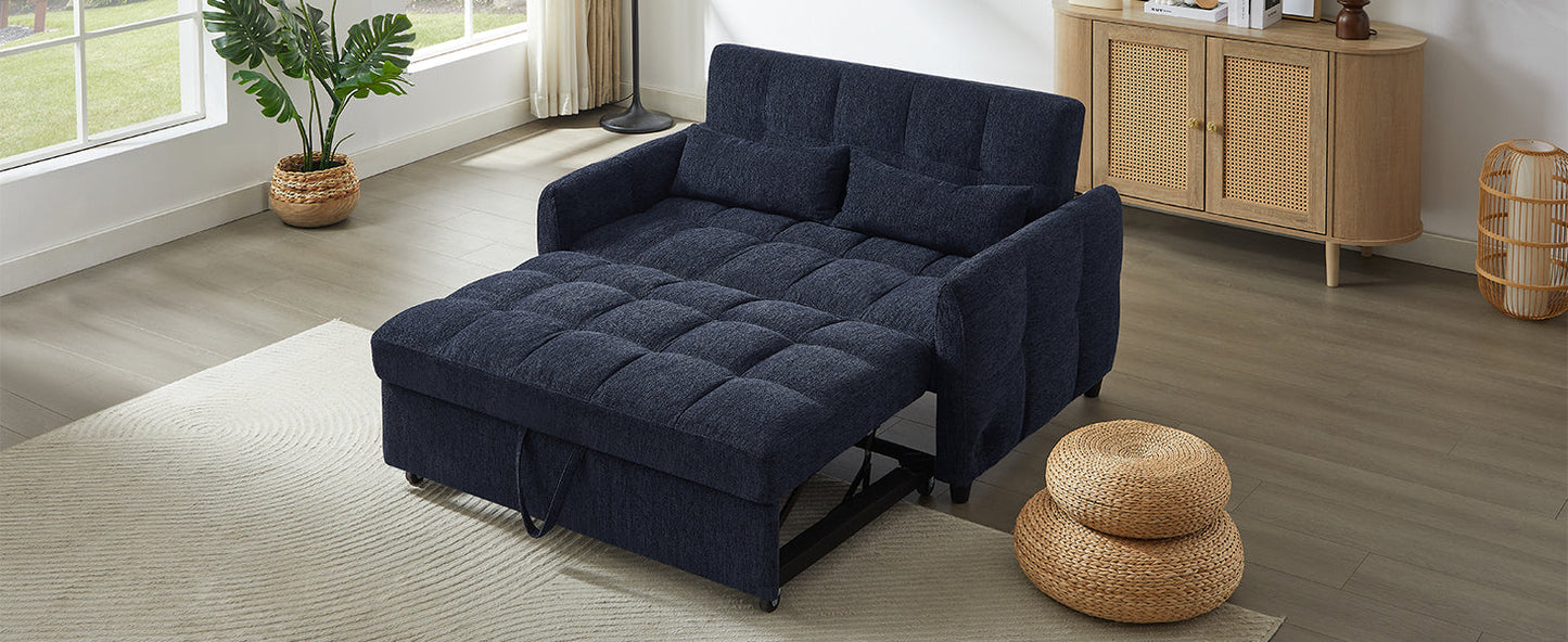 NEW Modern Loveseat Sofa Pull-out Bed with Adjustable Backrest, USB Ports, Lumbar Pillows, Blue Chenille, 52.8'