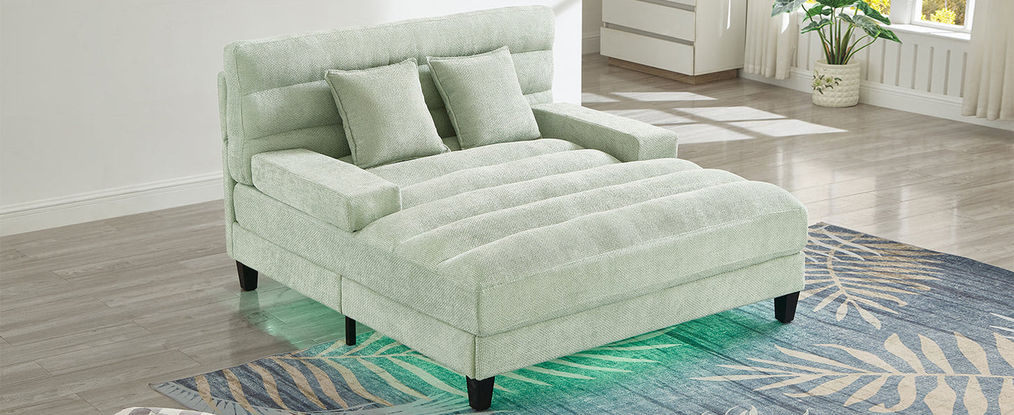 NEW Modern Chaise Lounge Sofa Bed with Adjustable Backrest and LED Light Strip, Green Chenille Upholstered, 57.1 Inches