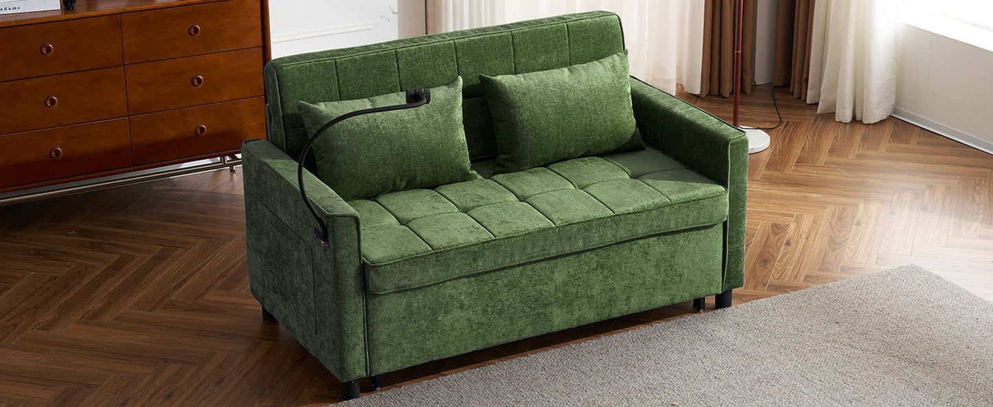 NEW 56.9' Convertible Loveseat Sofa Bed with Adjustable Backrest, USB Ports, Phone Holder, Side Pockets, Green Chenille,