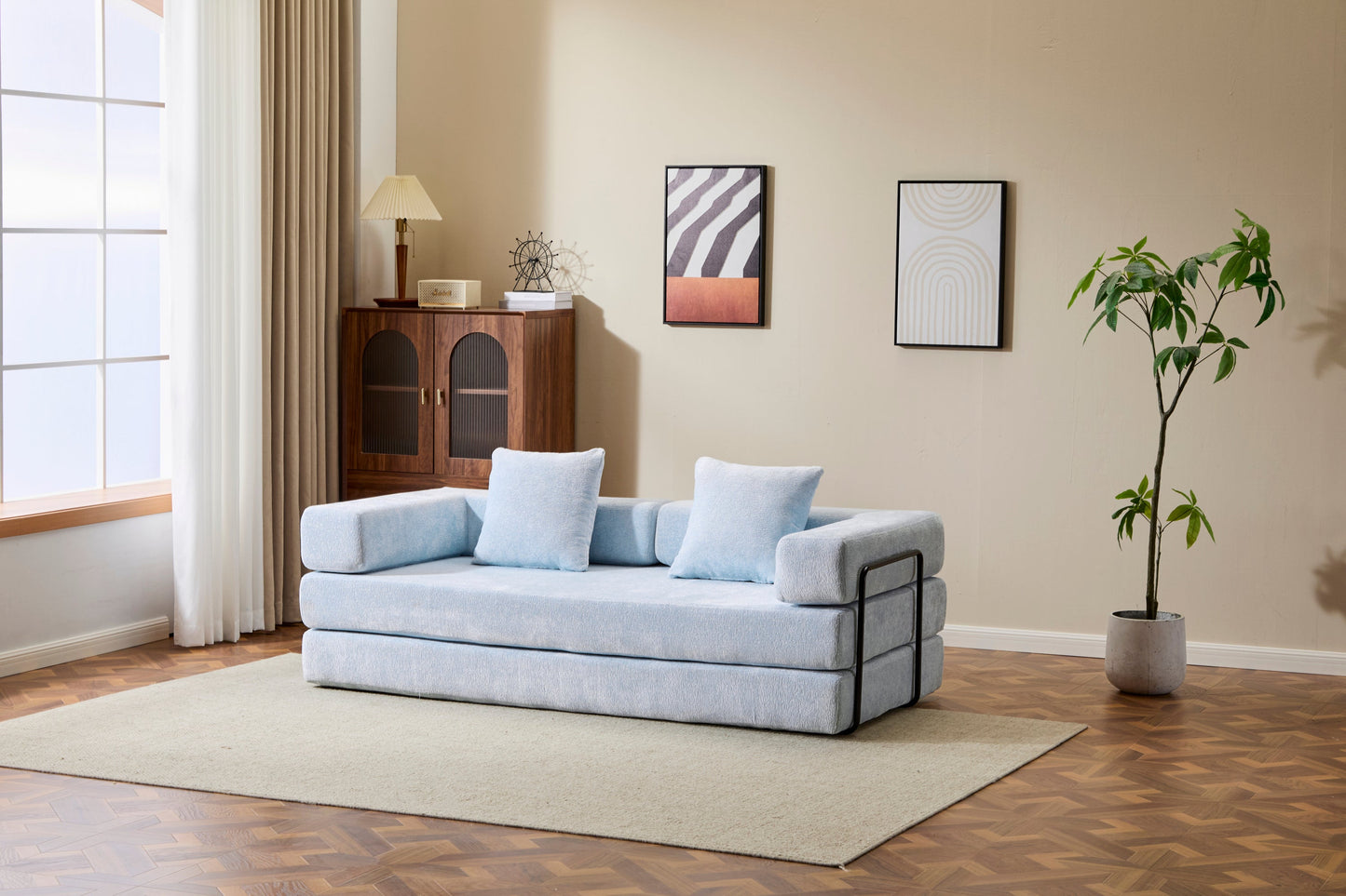 NEW Light Blue Chenille Fabric Floor Couch Compression Convertible Sofa Bed with Pillow Back Support Armrest Comfy Futon Couch Lounge Sleeper Bed