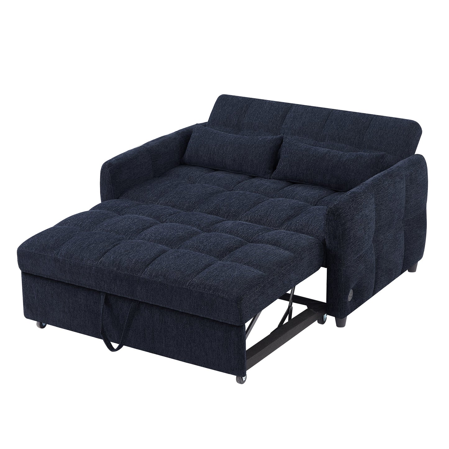NEW Modern Loveseat Sofa Pull-out Bed with Adjustable Backrest, USB Ports, Lumbar Pillows, Blue Chenille, 52.8'