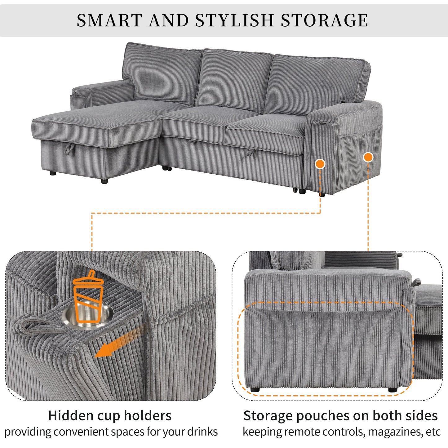 NEW U_STYLE Upholstery Sleeper Sectional Sofa with Storage Bags and 2 cup holders  on Arms