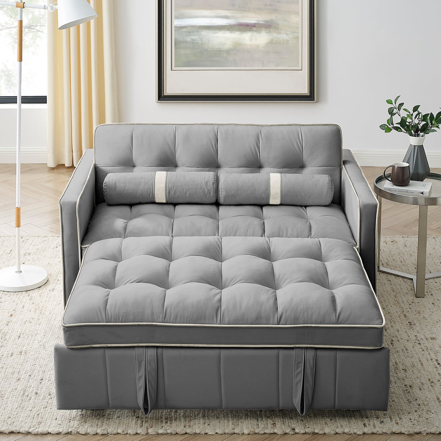 NEW Modern 55.5' Pull Out Sleep SofaBed 2 Seater Loveseat Sofa Couch with Side Pockets and Adjustable Backrest