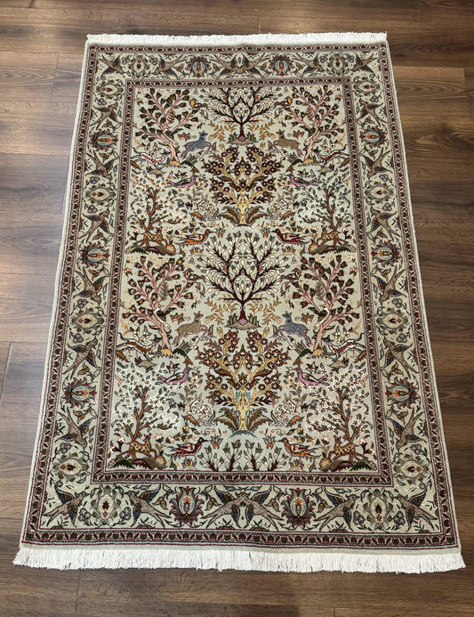 USED Wonderful Persian Tabriz Rug 3x5, Tree of Life, Animal Pictorials, Birds, Wool & Silk Highlights, Fine 330 KPSI