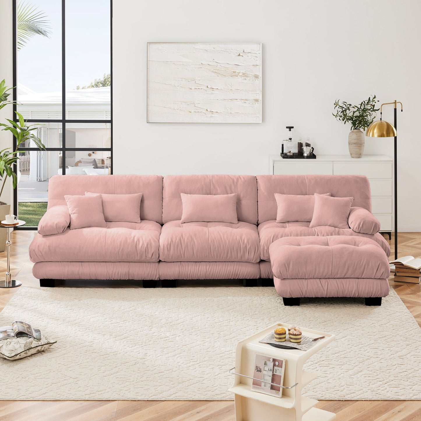 NEW Chenille Pink Luxury Modular Sectional Sofa Oversized L Shaped Cloud Deep Seat Couch with Convertible Ottoman