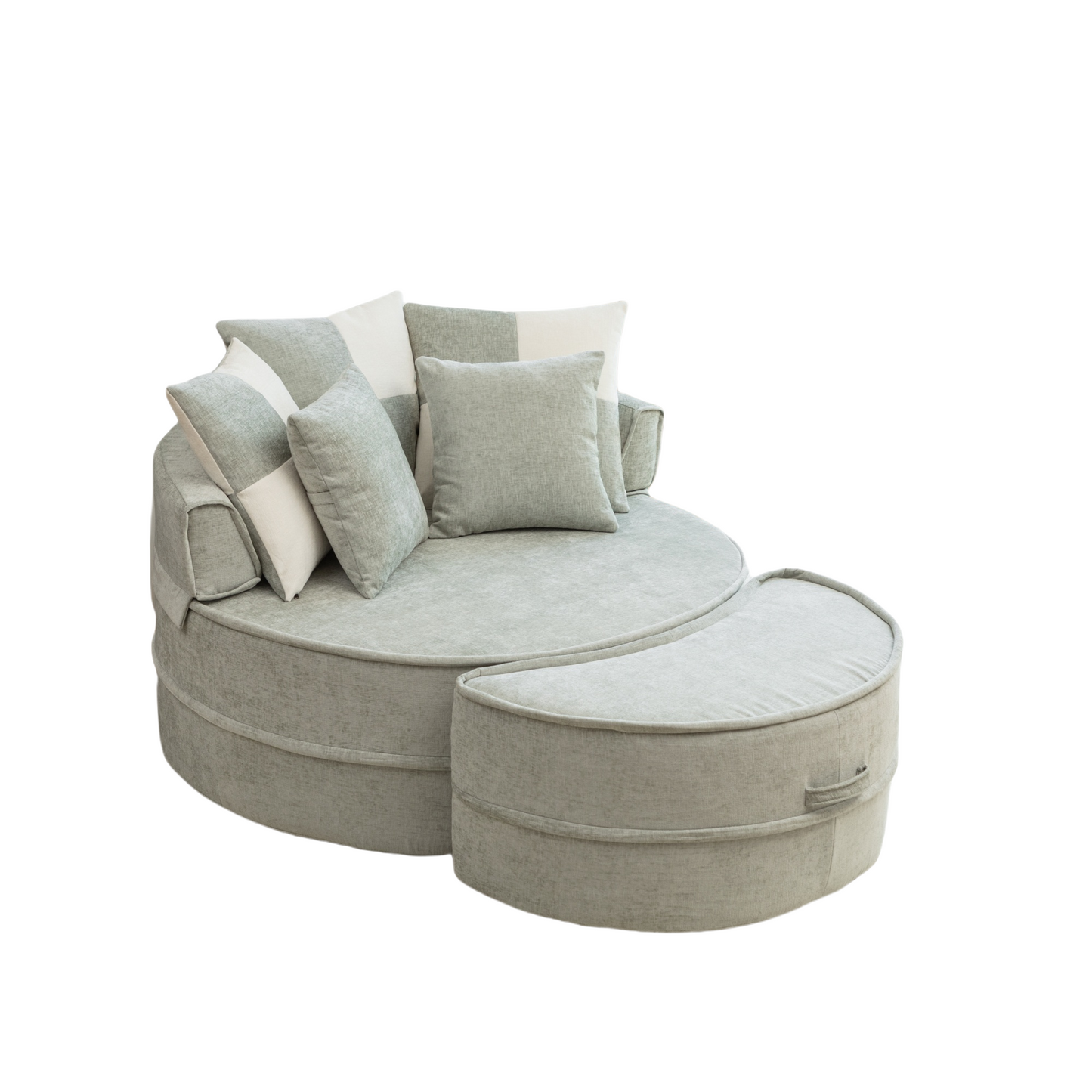 NEW Modern Oversized Blue Round Barrel Accent Chair with Ottoman - Velvet Upholstered Lounge Armchair with 5 Pillows for Living Room or Bedroom