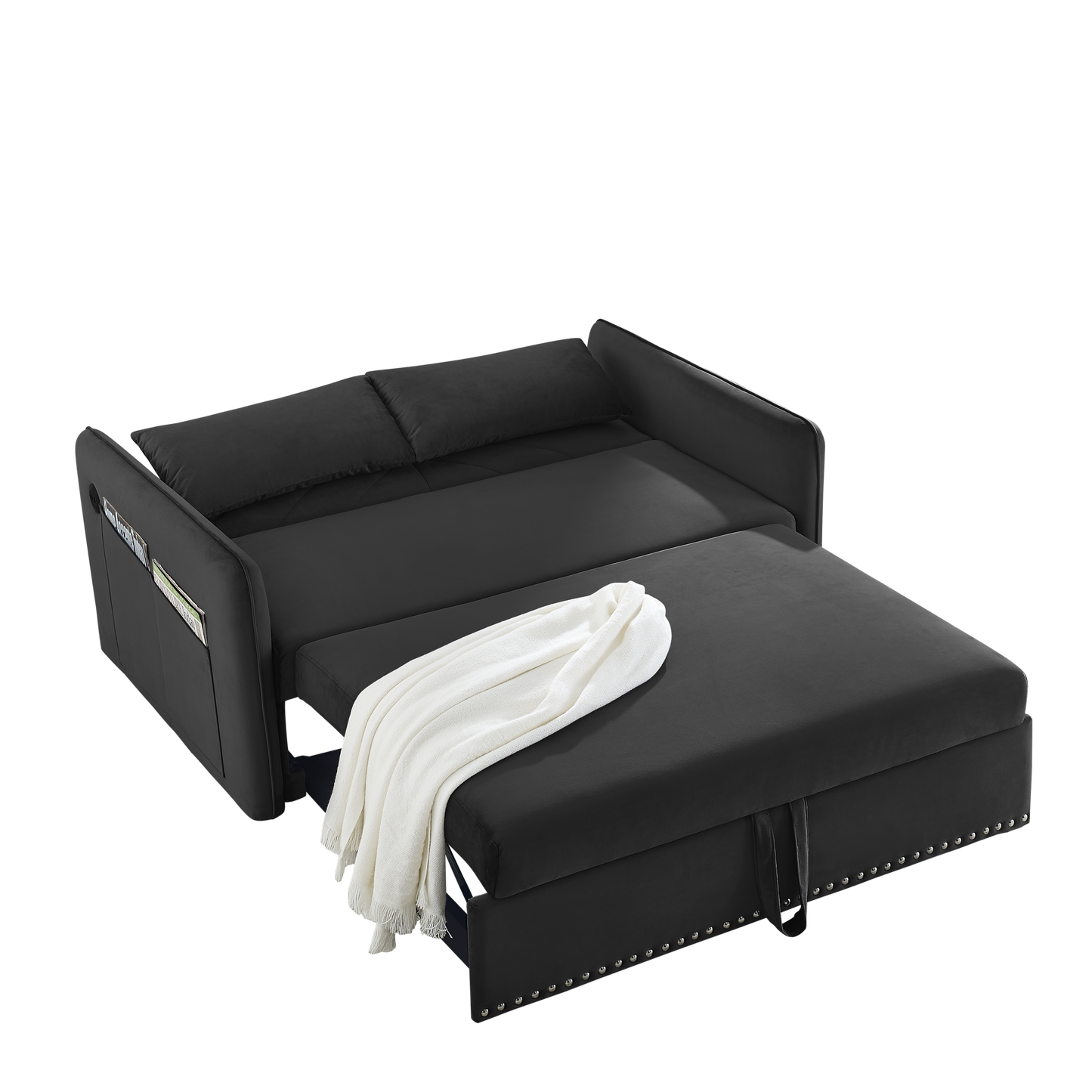 NEW MH' Soft Velvet Convertible 3 in 1 Adjustable Sleeper Pull Out Sofa Bed w/USB Port with 2 Lumbar Pillows and Side Pocket