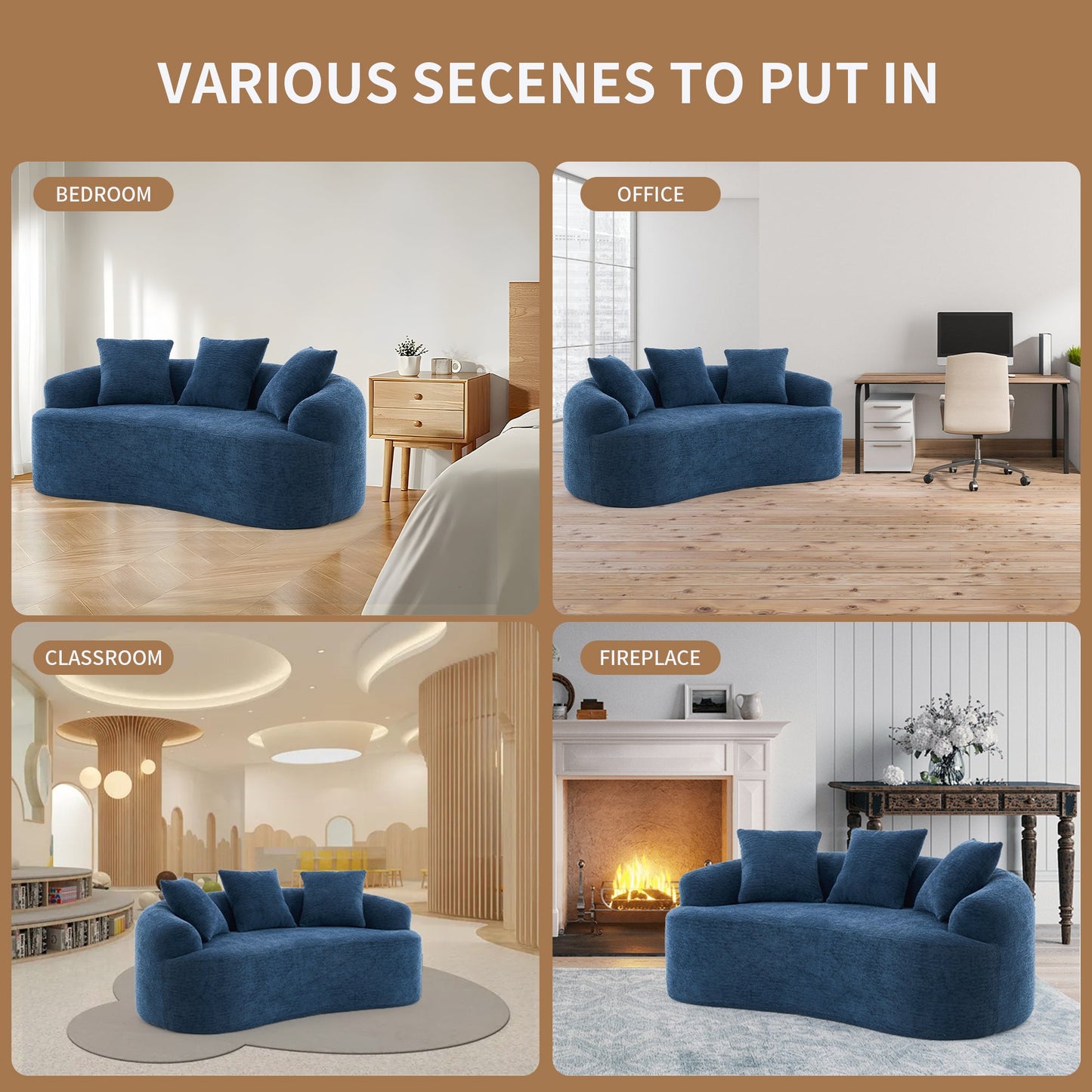 NEW LY-025S Chenille  Curved Loveseat Blue Full Compression Sponge Sofa with 3 Pillows