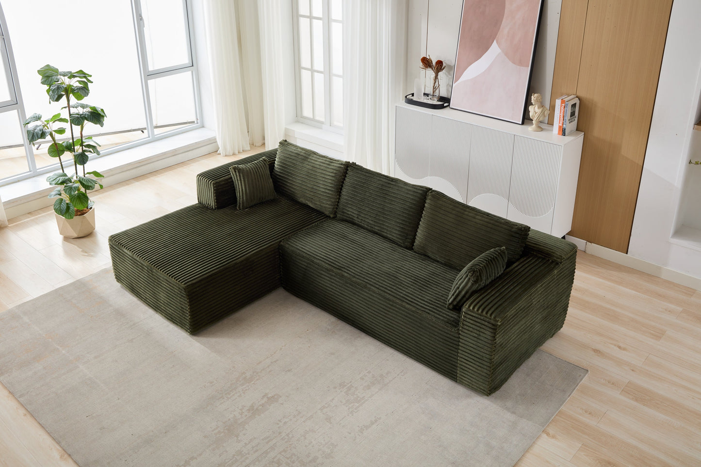 NEW Compression Sectional Couch with Comfy Chaise, Boneless L Shape Sofa with Deep Seat, Minimalist Modular Couches Sleeper for Living Room Bedroom Apartment Lounge,corduroy,Green