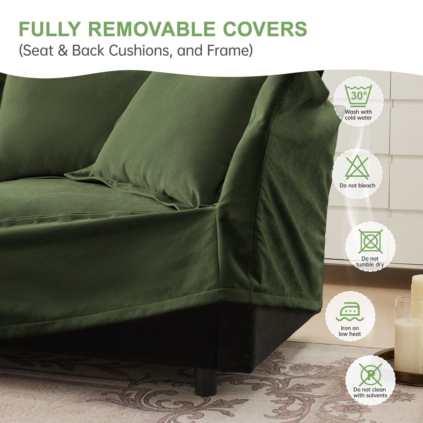 NEW Slip-covered Armchair with 1 Big Back Cushion and 2 Big Toss Pillows, Single Deep Seat Comfy Single Couch Sofa Multiple Large Soft Pillows, Chenille Fabric, Green