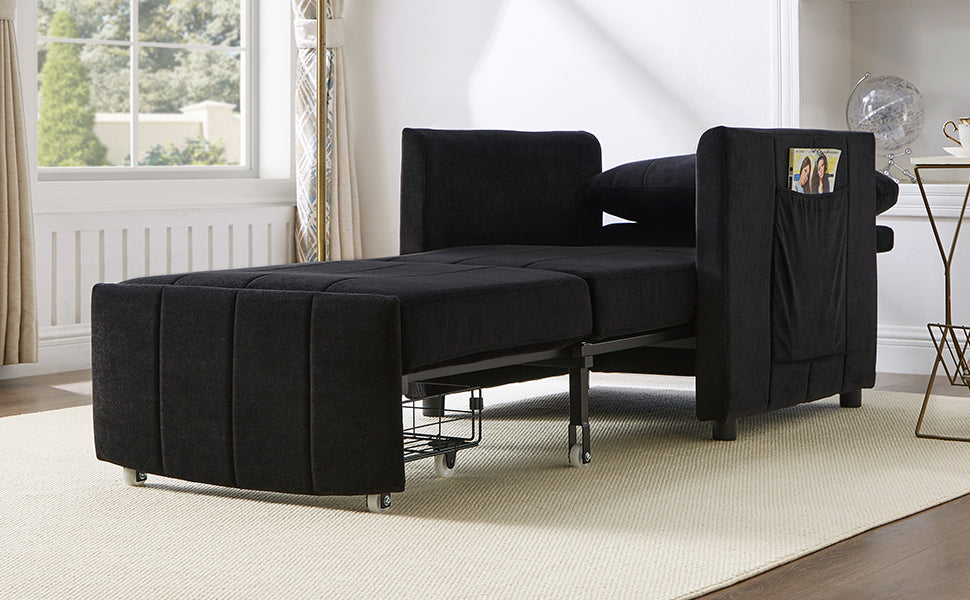 NEW Black Chenille Upholstered Convertible Sleeper Sofa with 5-Position Backrest Side Pockets Storage